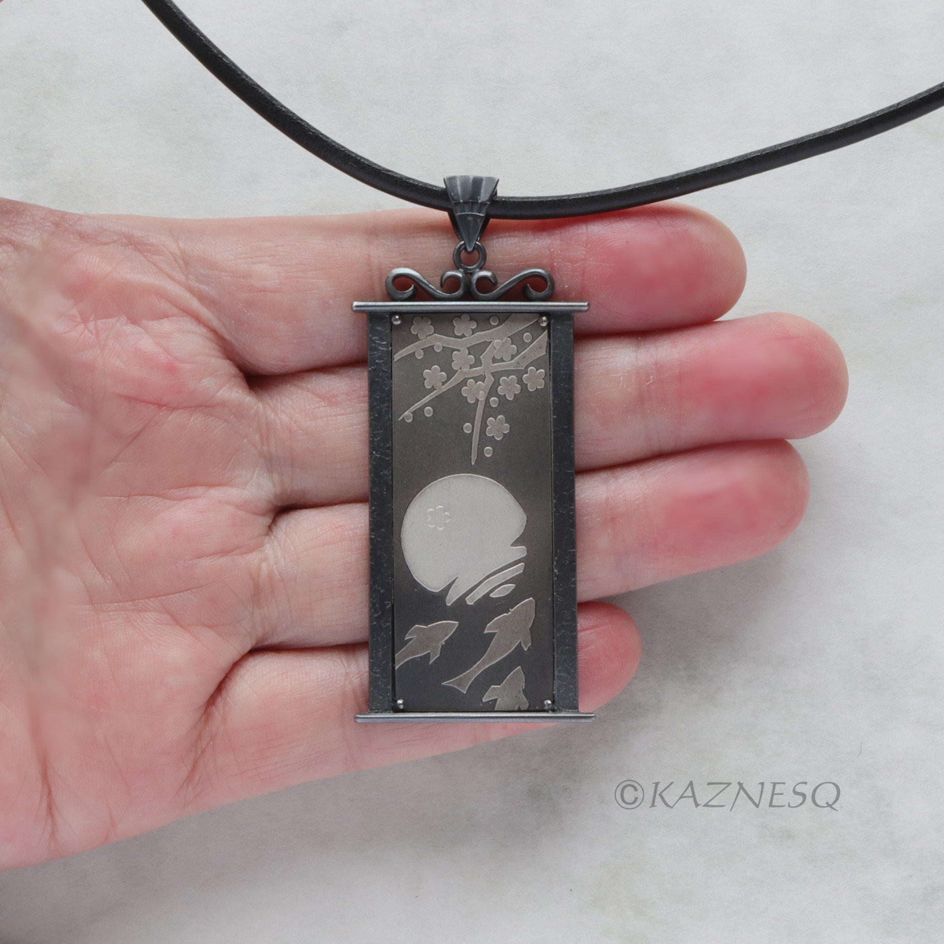 (C) KAZNESQ: apanese art Keum Boo silver pendant necklace of Koi pond, the moon,