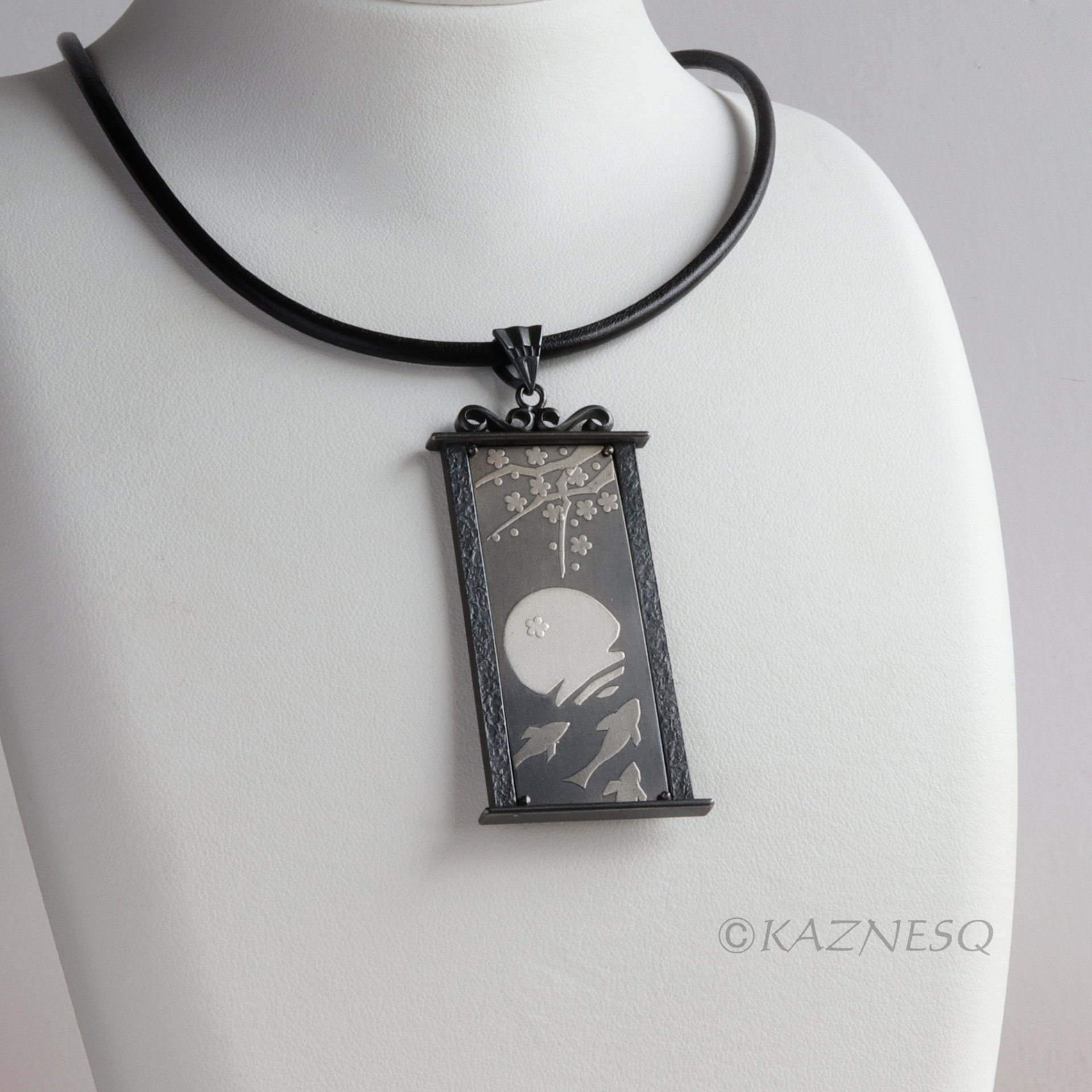 (C) KAZNESQ: apanese art Keum Boo silver pendant necklace of Koi pond, the moon,