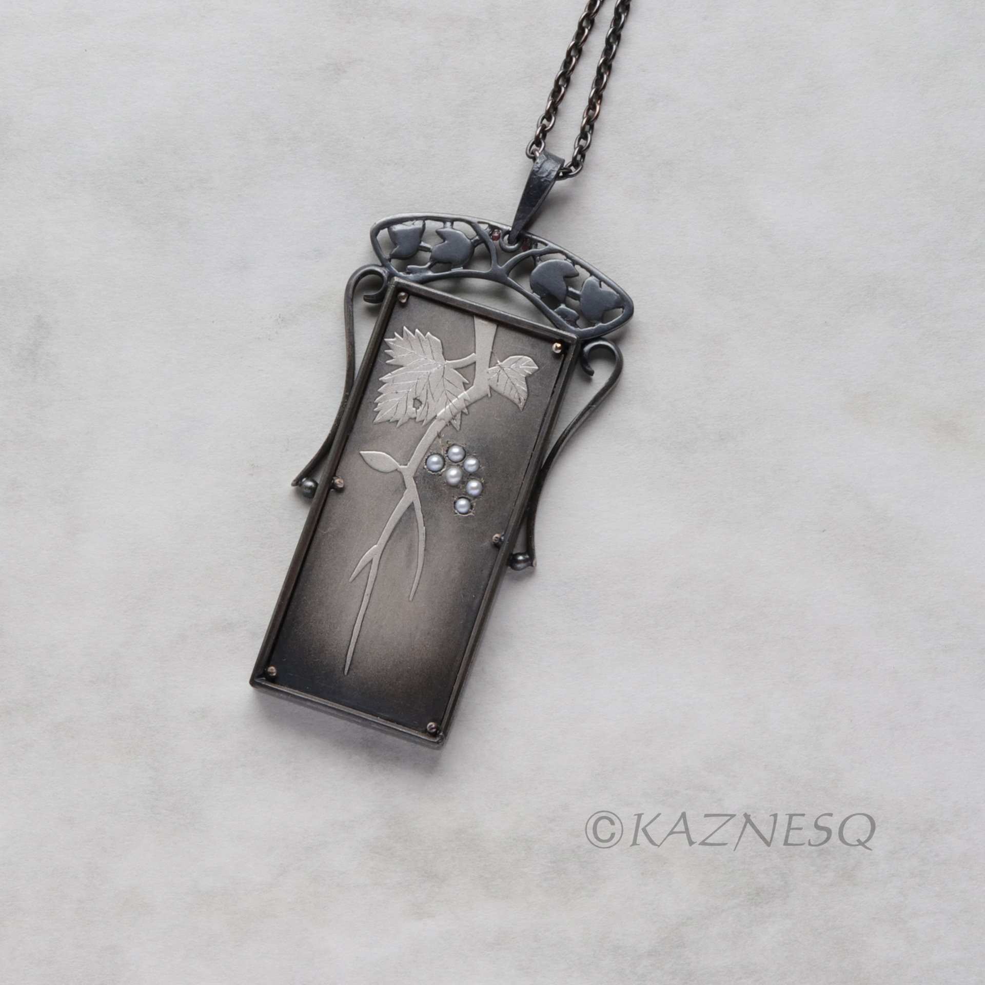 (C) KAZNESQ: Art Nouveau style rectangle wild grape Keum Boo necklace