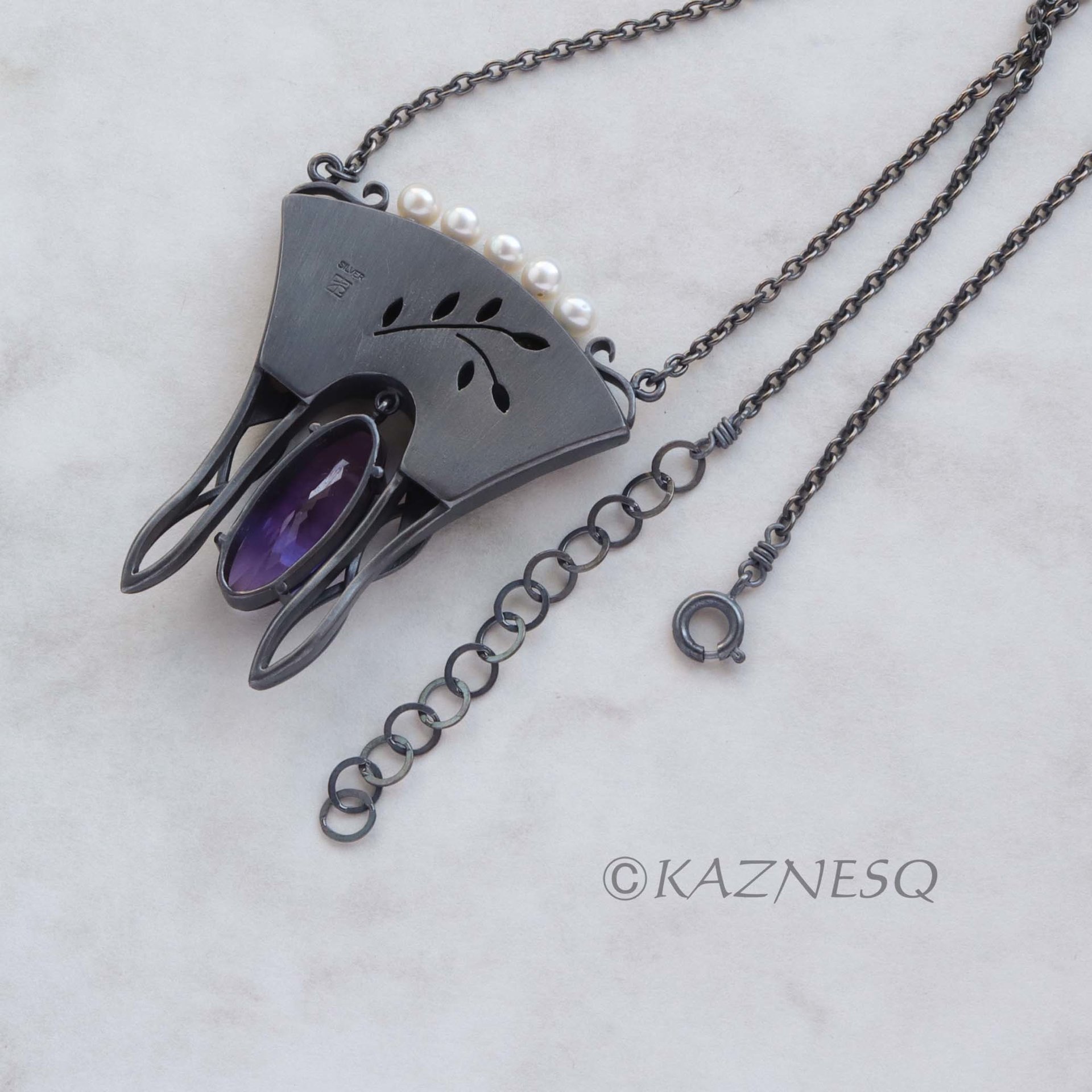 (C) KAZNESQ: Art Nouveau style gold Japanese bush clover silver necklace