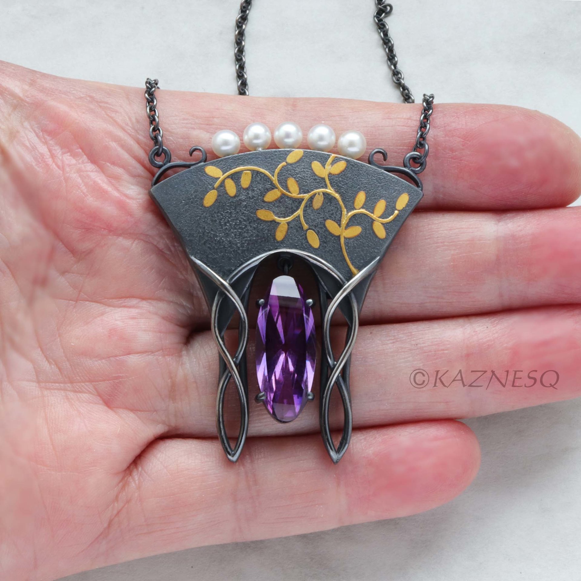 (C) KAZNESQ: Art Nouveau style gold Japanese bush clover silver necklace