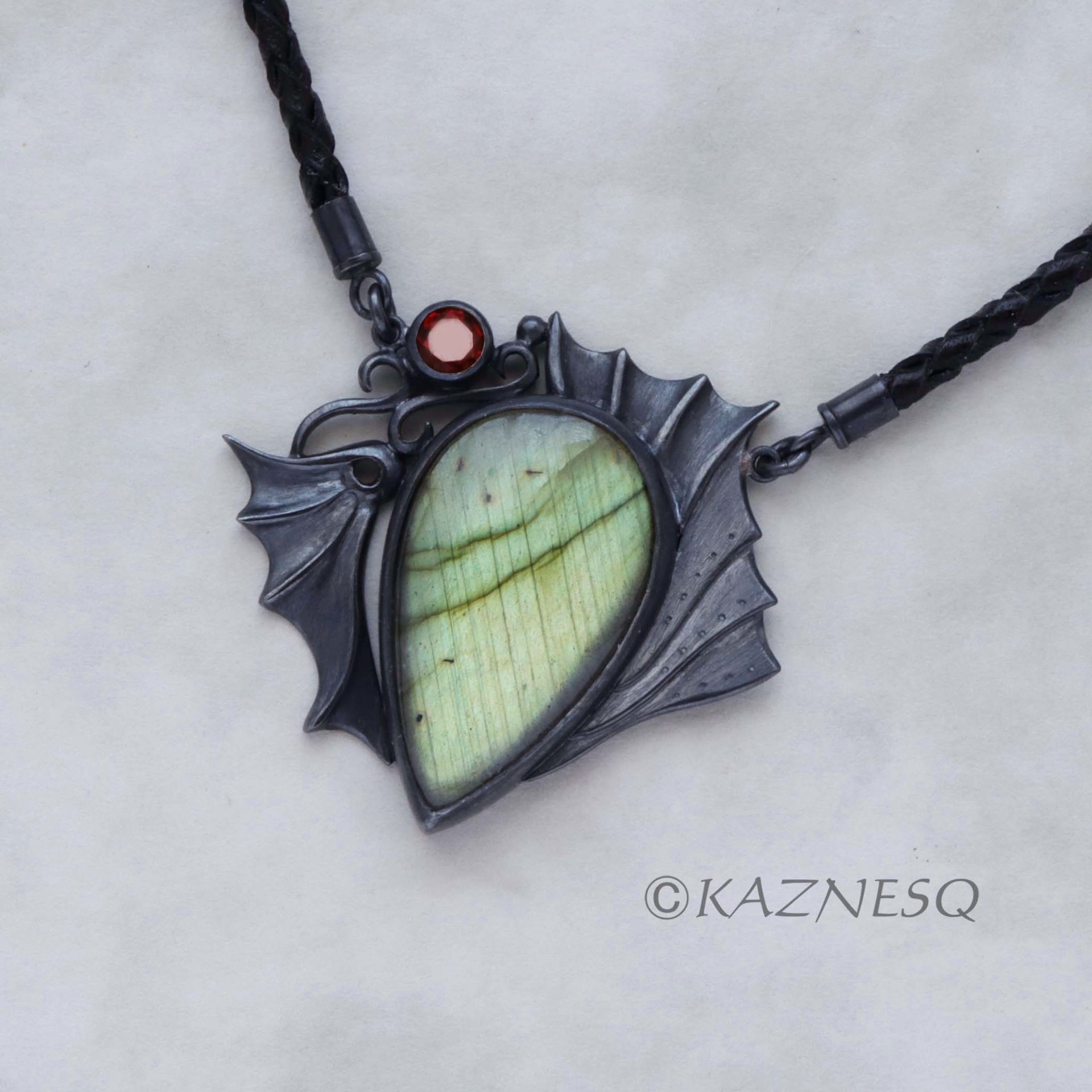 (C) KAZNESQ: Green labradorite dragon motif oxidized silver necklace