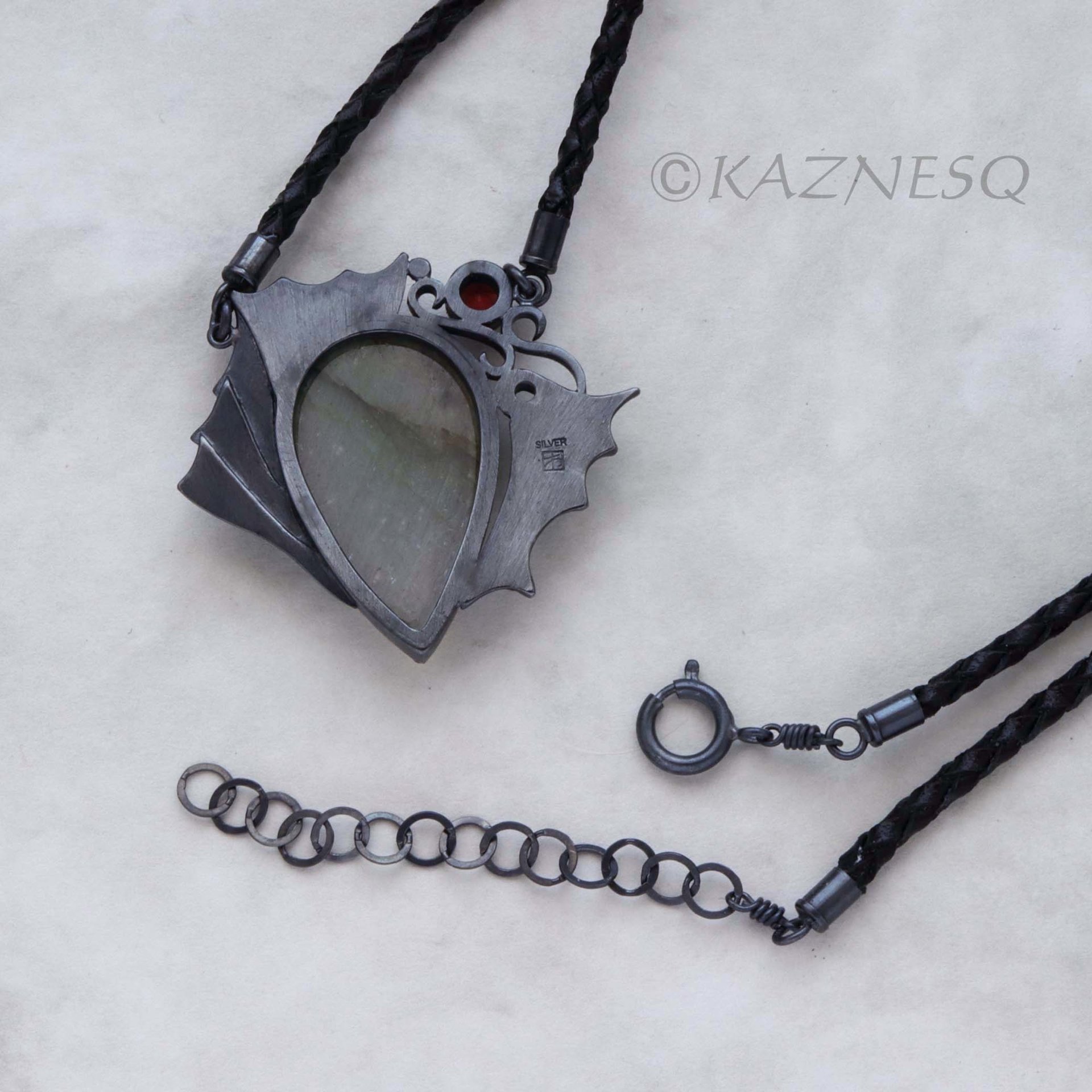 (C) KAZNESQ: Green labradorite dragon motif oxidized silver necklace
