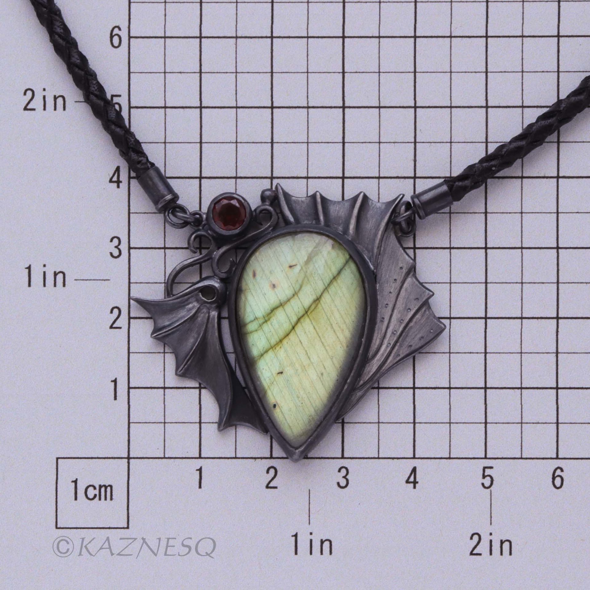 (C) KAZNESQ: Green labradorite dragon motif oxidized silver necklace