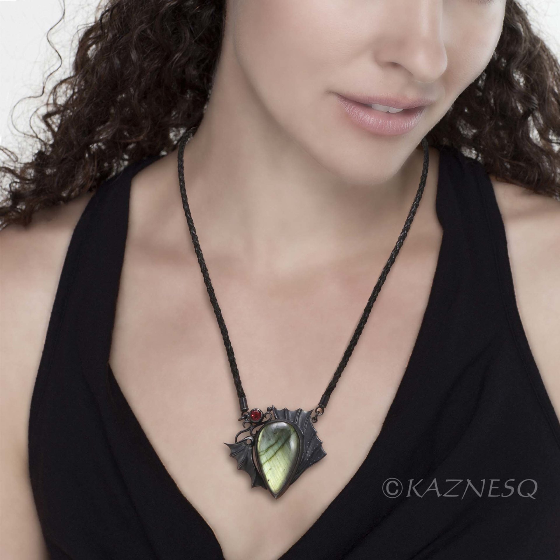 (C) KAZNESQ: Green labradorite dragon motif oxidized silver necklace