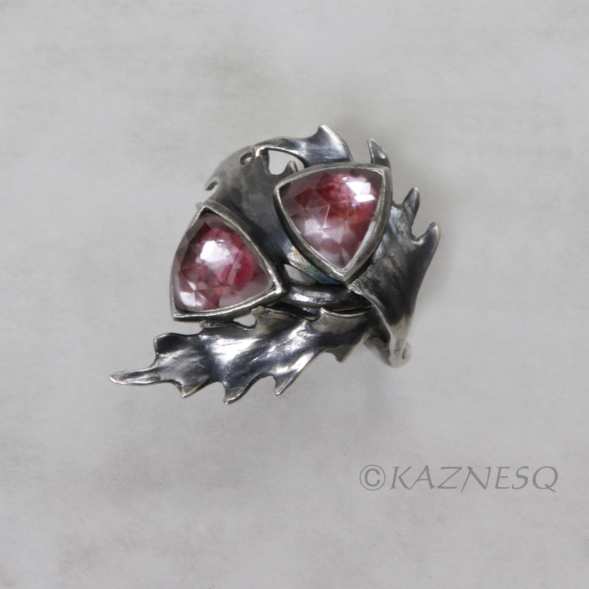 (C) KAZNESQ: Rose cut trillion quartz thistle motif oxidized silver ring