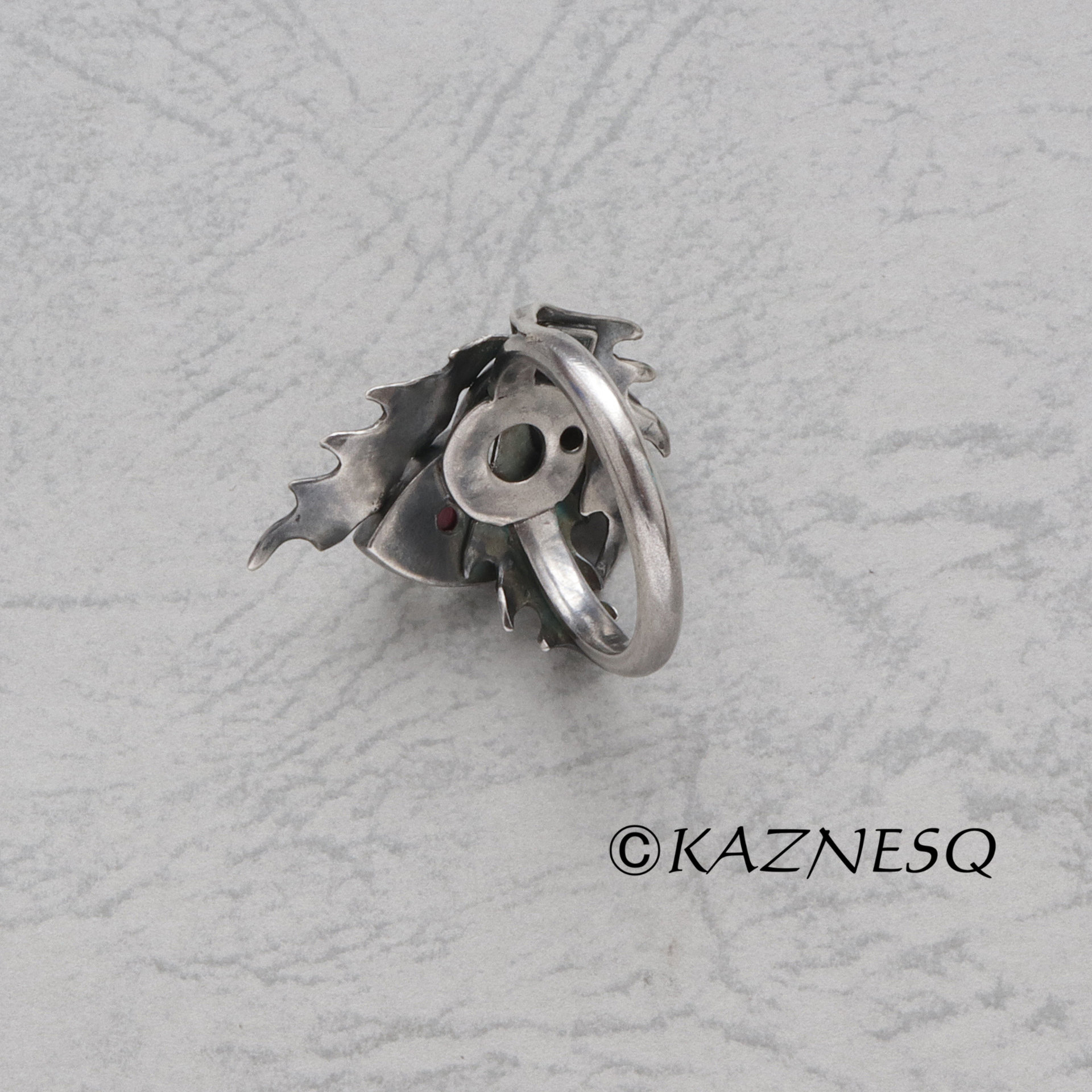 (C) KAZNESQ: Rose cut trillion quartz thistle motif oxidized silver ring