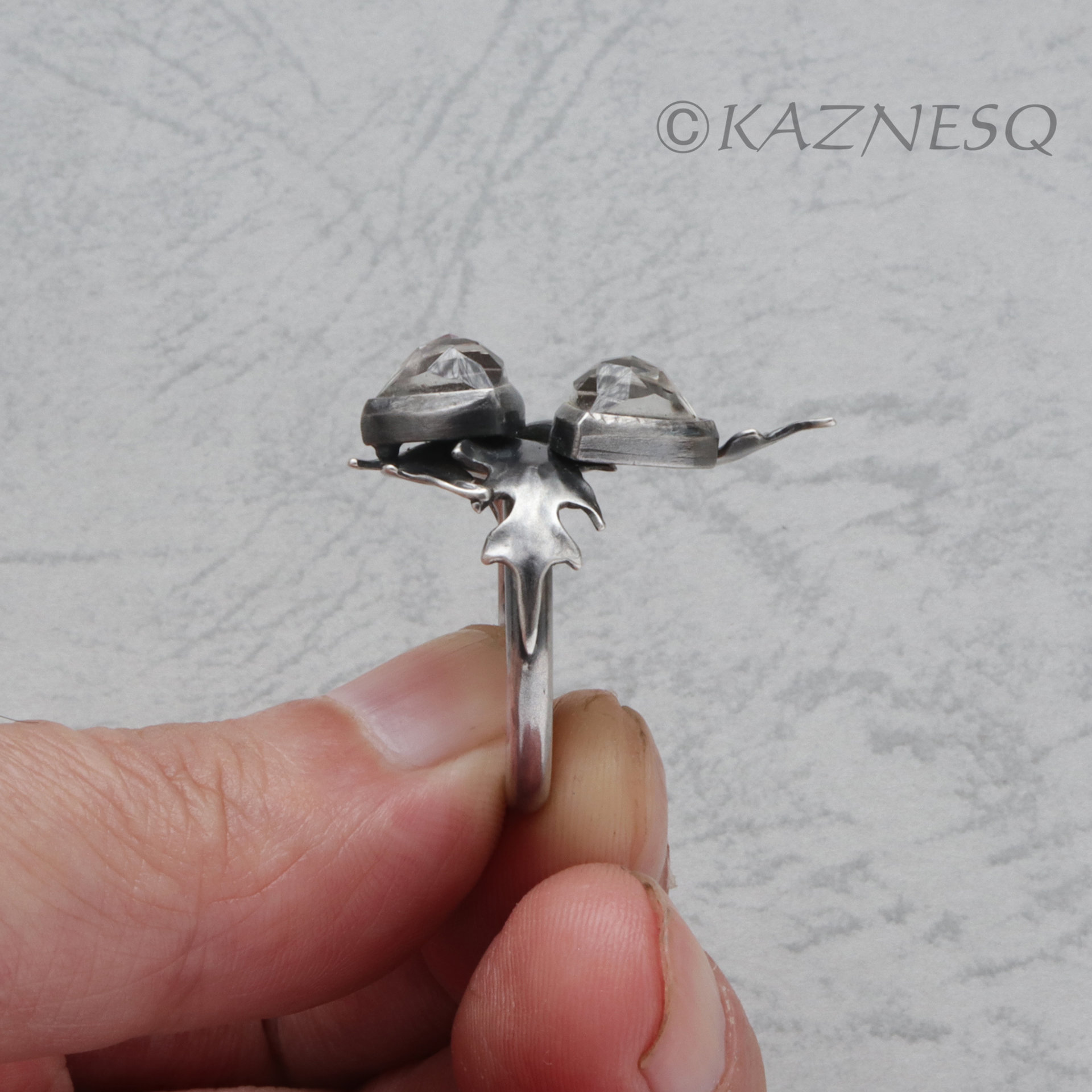 (C) KAZNESQ: Rose cut trillion quartz thistle motif oxidized silver ring