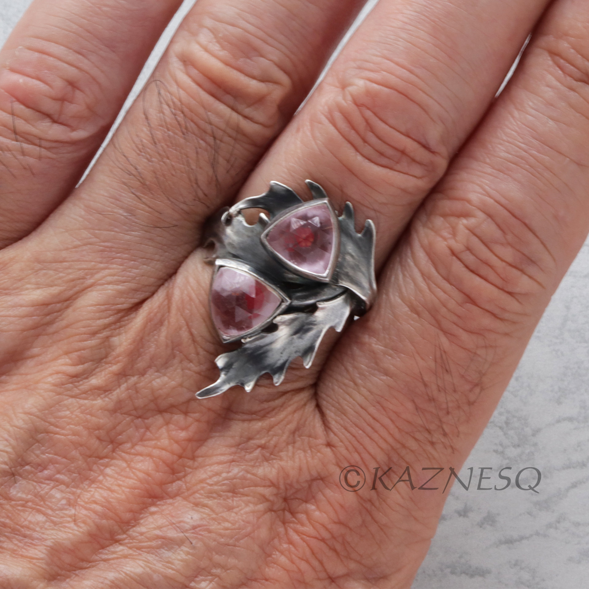 (C) KAZNESQ: Rose cut trillion quartz thistle motif oxidized silver ring