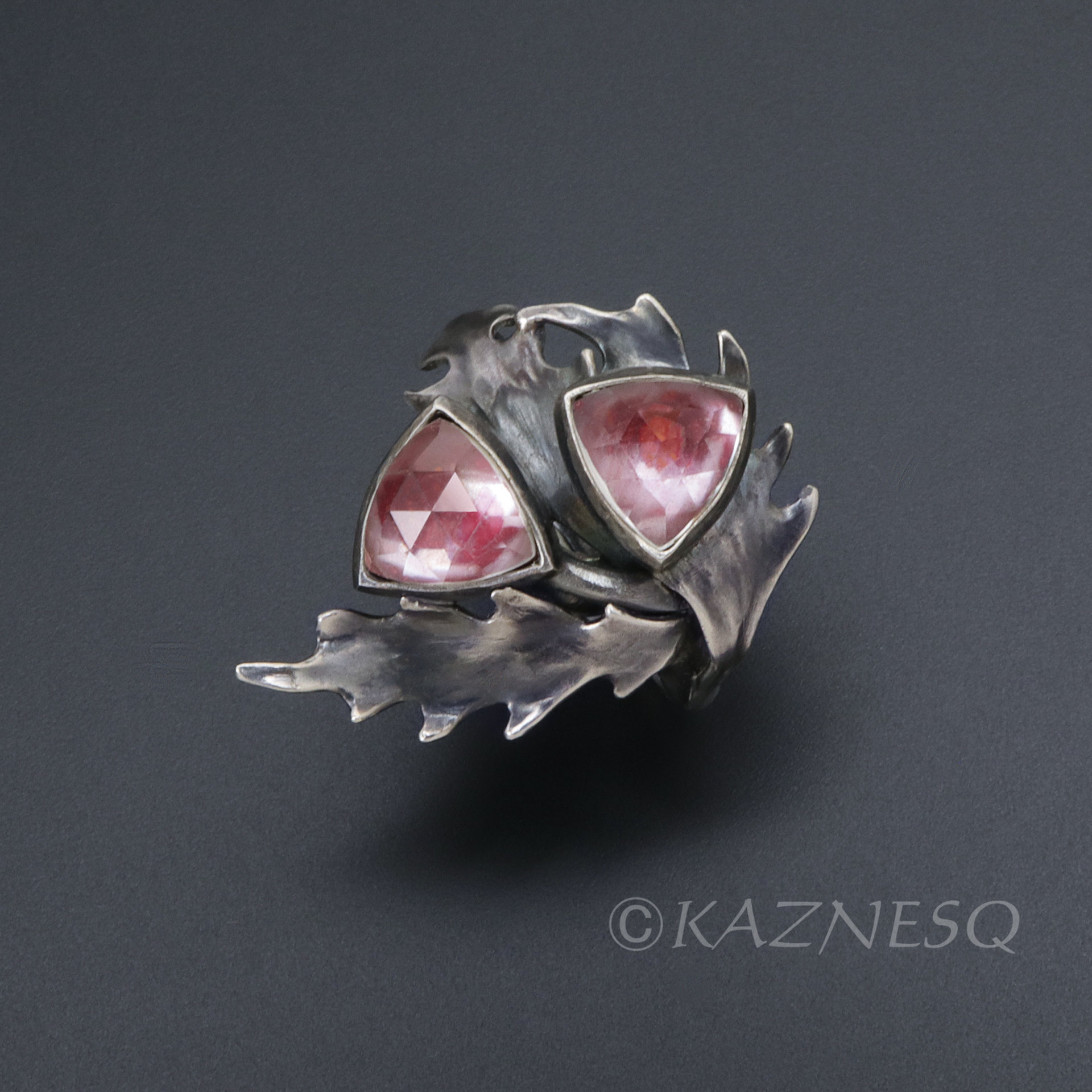 (C) KAZNESQ: Rose cut trillion quartz thistle motif oxidized silver ring