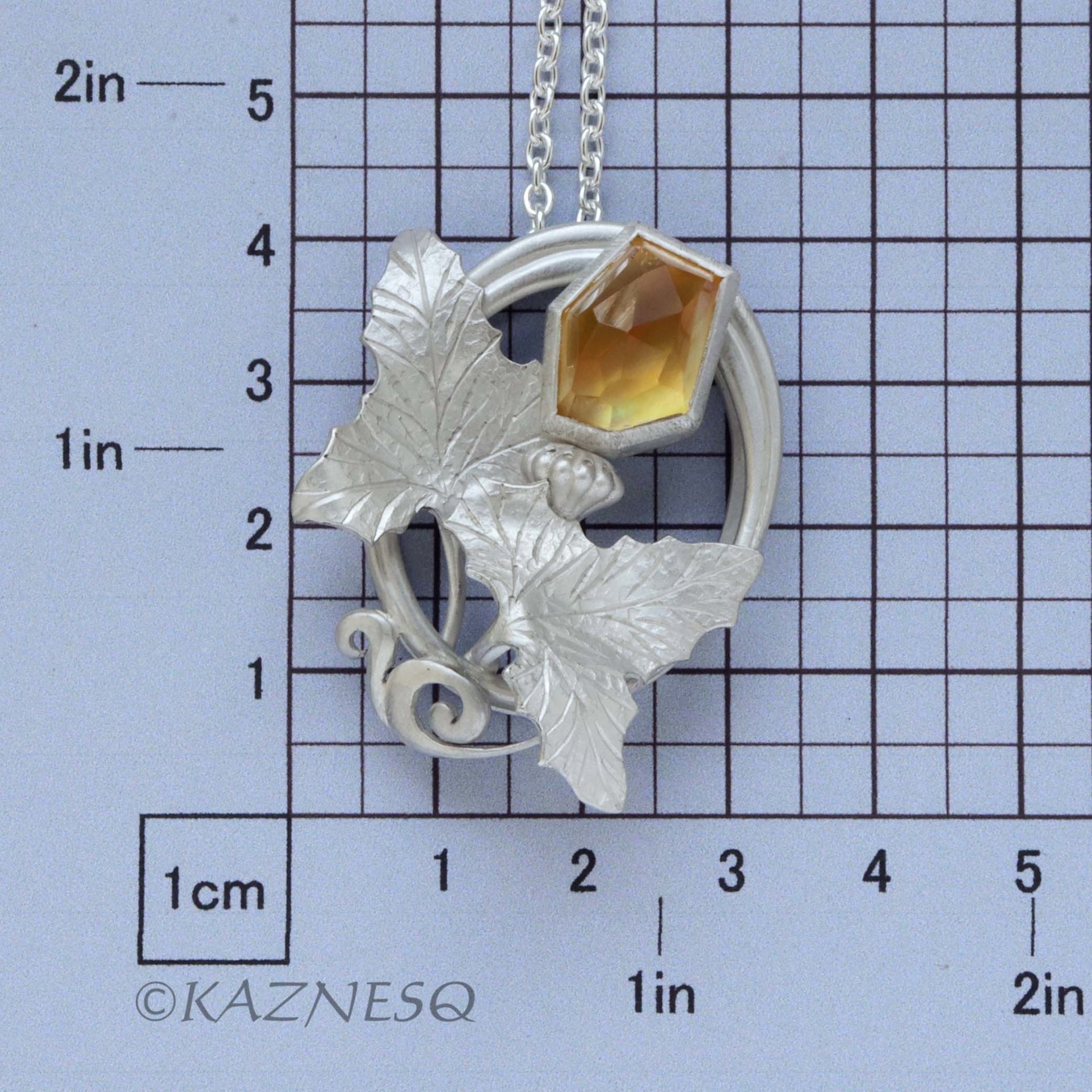 (C) KAZNESQ: Art Nouveau style Flower and Leaf motif Citrine lined with MOP