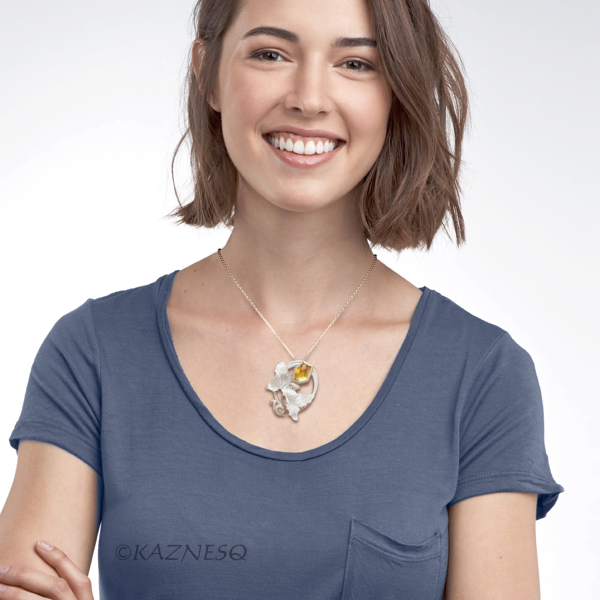 (C) KAZNESQ: Art Nouveau style Flower and Leaf motif Citrine lined with MOP