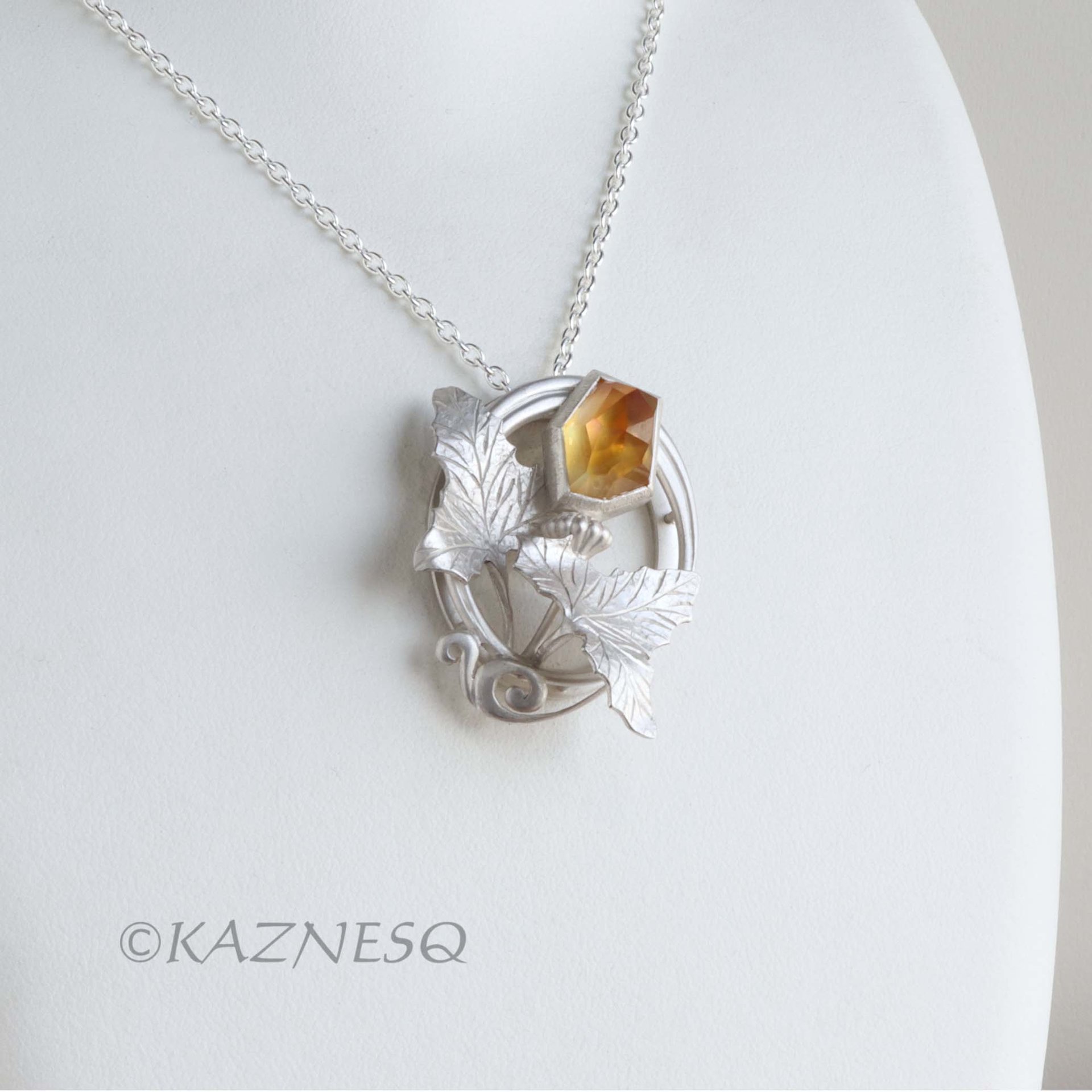 (C) KAZNESQ: Art Nouveau style Flower and Leaf motif Citrine lined with MOP