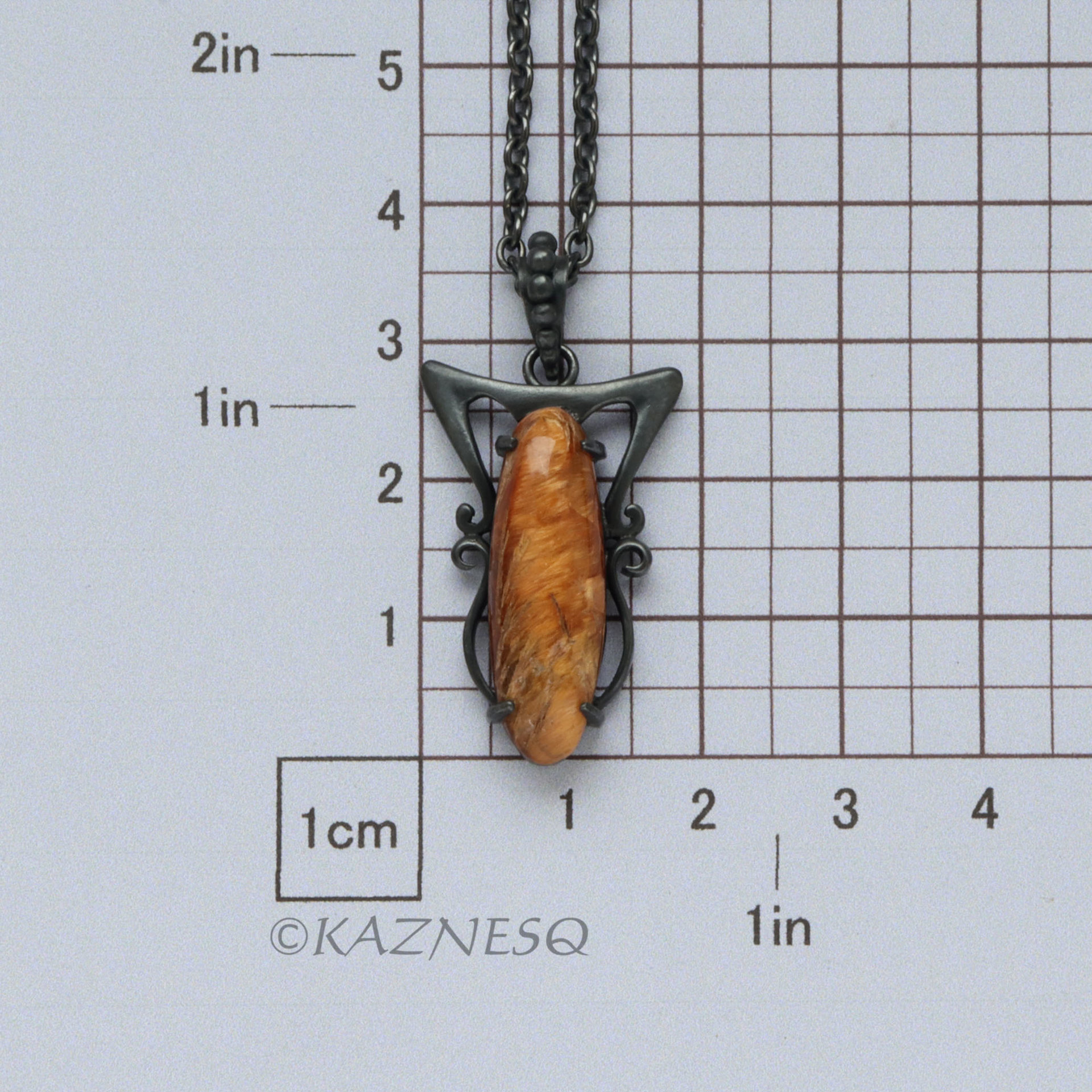 (C) KAZNESQ: Art Nouveau style Long Oval Rutilated Quartz oxidized silver pendan