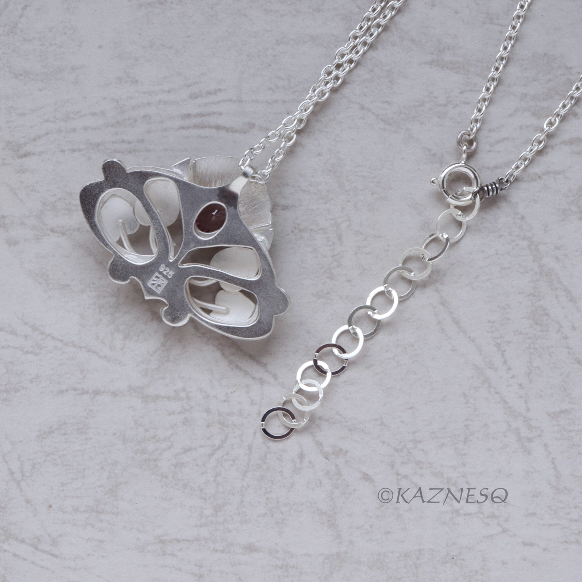 (C) KAZNESQ: Art Nouveau style matte finished silver floral pendant necklace wit