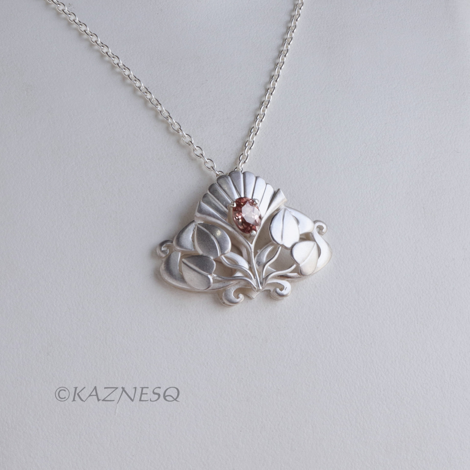 (C) KAZNESQ: Art Nouveau style matte finished silver floral pendant necklace wit