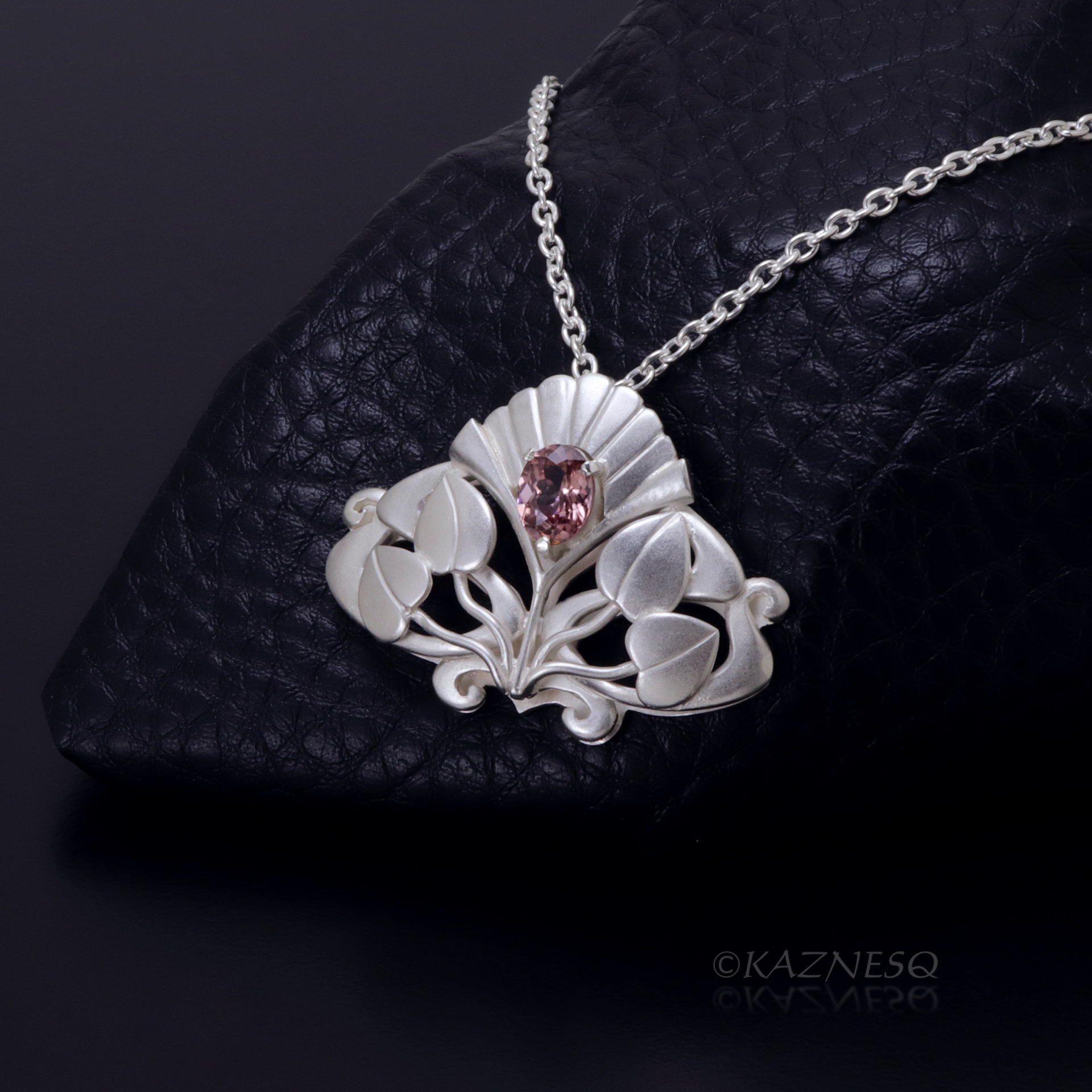 (C) KAZNESQ: Art Nouveau style matte finished silver floral pendant necklace wit