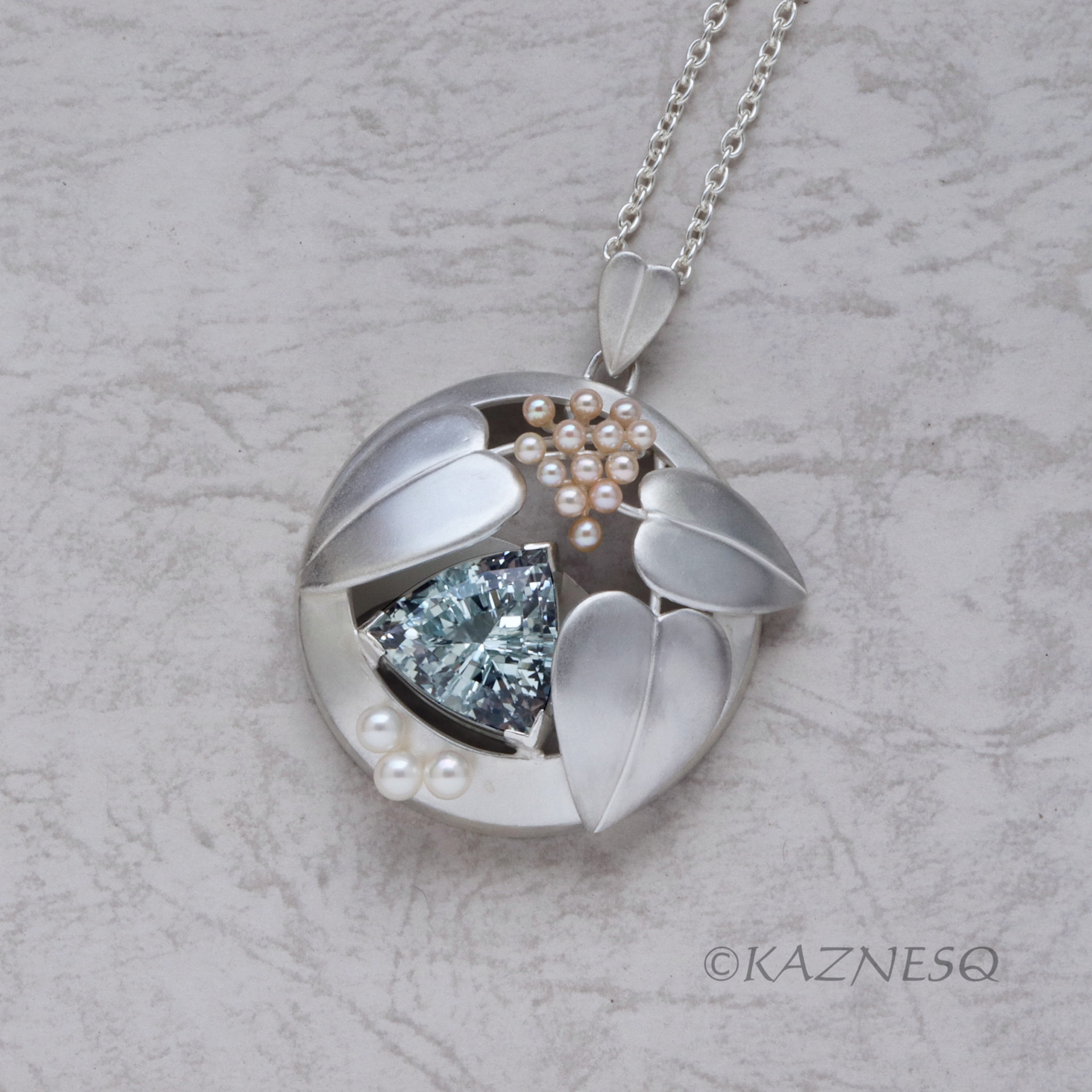 Blue Topaz and Freshwater Pearls matte finished silver leaf pendant necklace