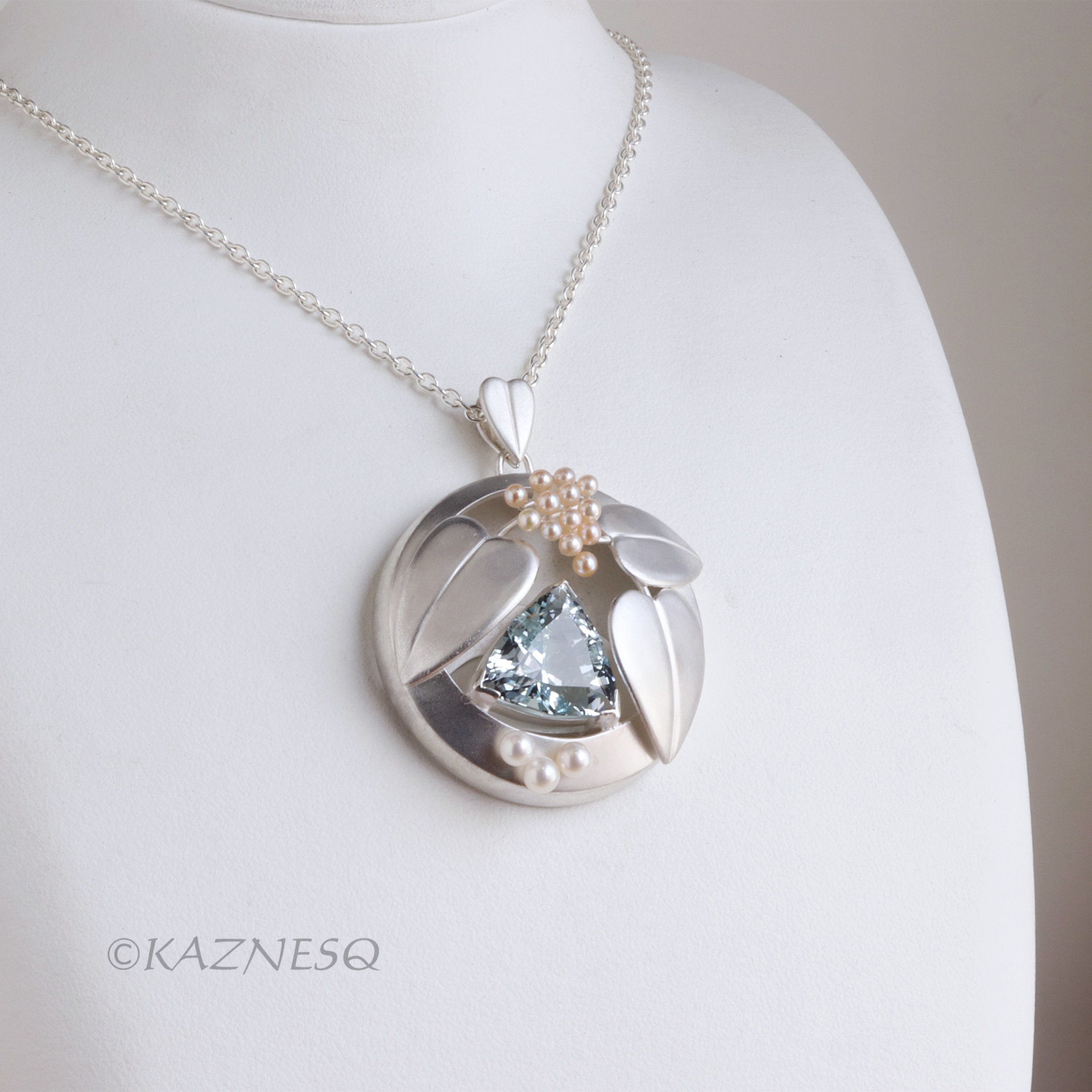 Blue Topaz and Freshwater Pearls matte finished silver leaf pendant necklace