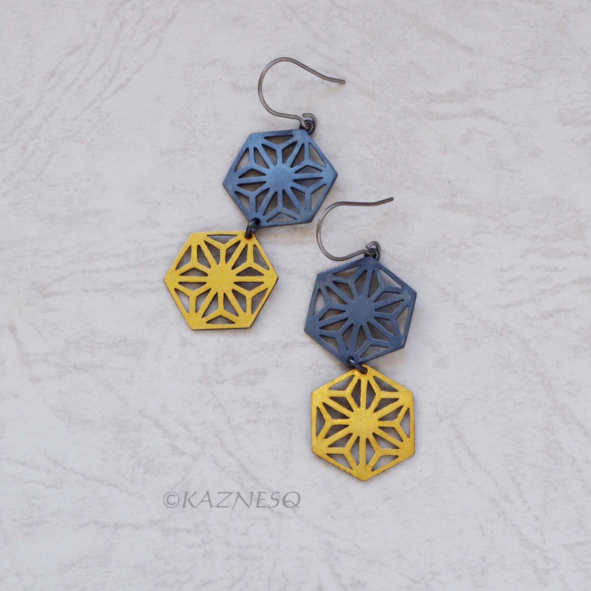 Japanese Traditional Hemp Leaf design oxidized silver and Kuem Boo Earrings