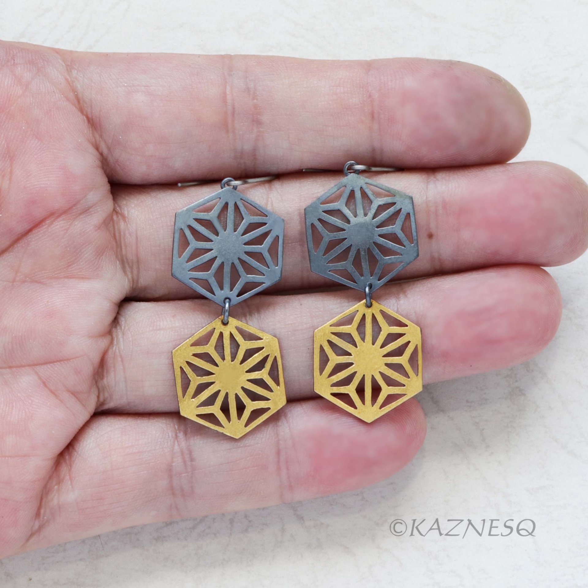 Japanese Traditional Hemp Leaf design oxidized silver and Kuem Boo Earrings