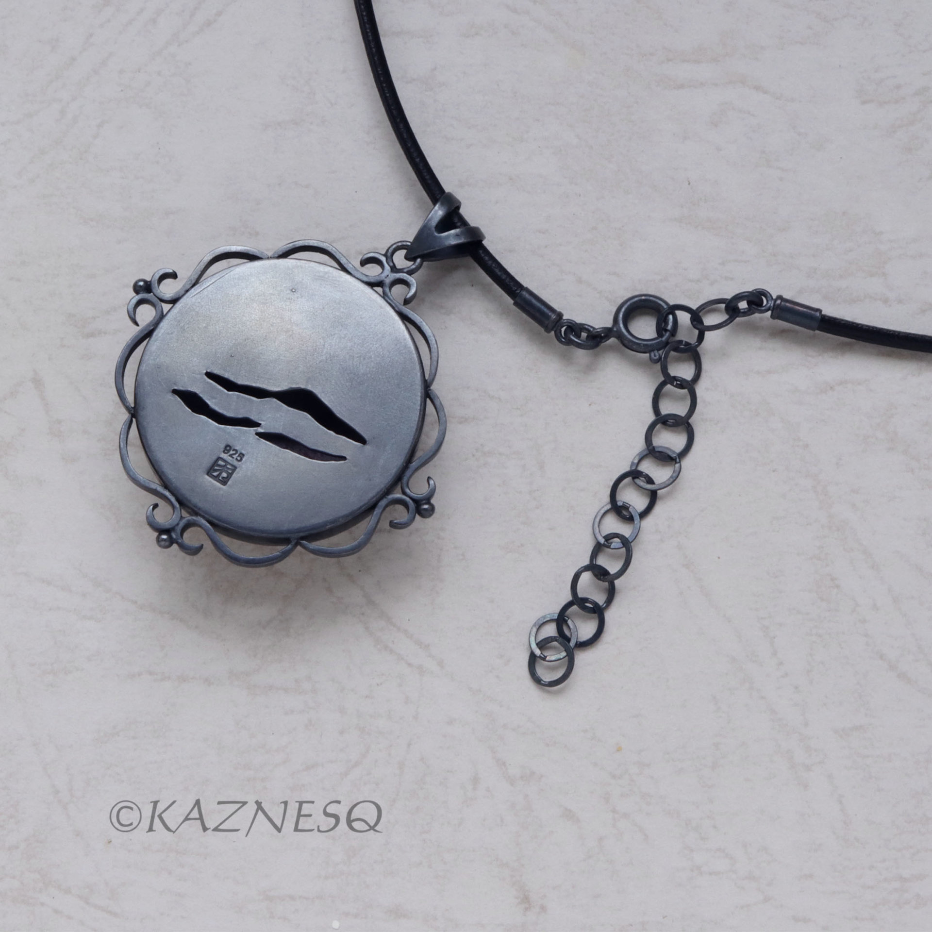 Plum Blossoms Keum Boo on Copper Cab Oxidized silver pendant