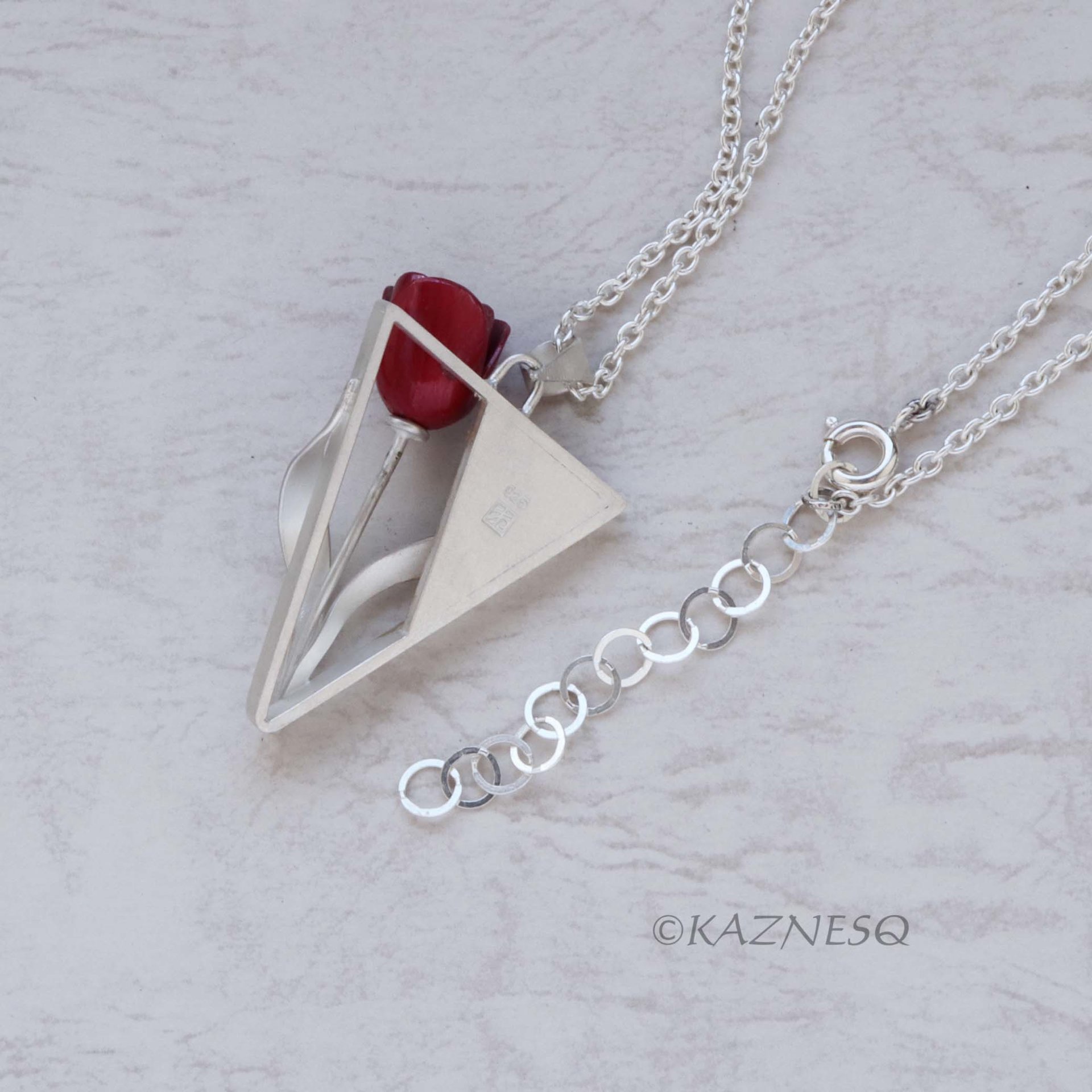 Perfect for Spring and Summer! Contemporary Silver Pendant with Red Tulip and Gold Accent