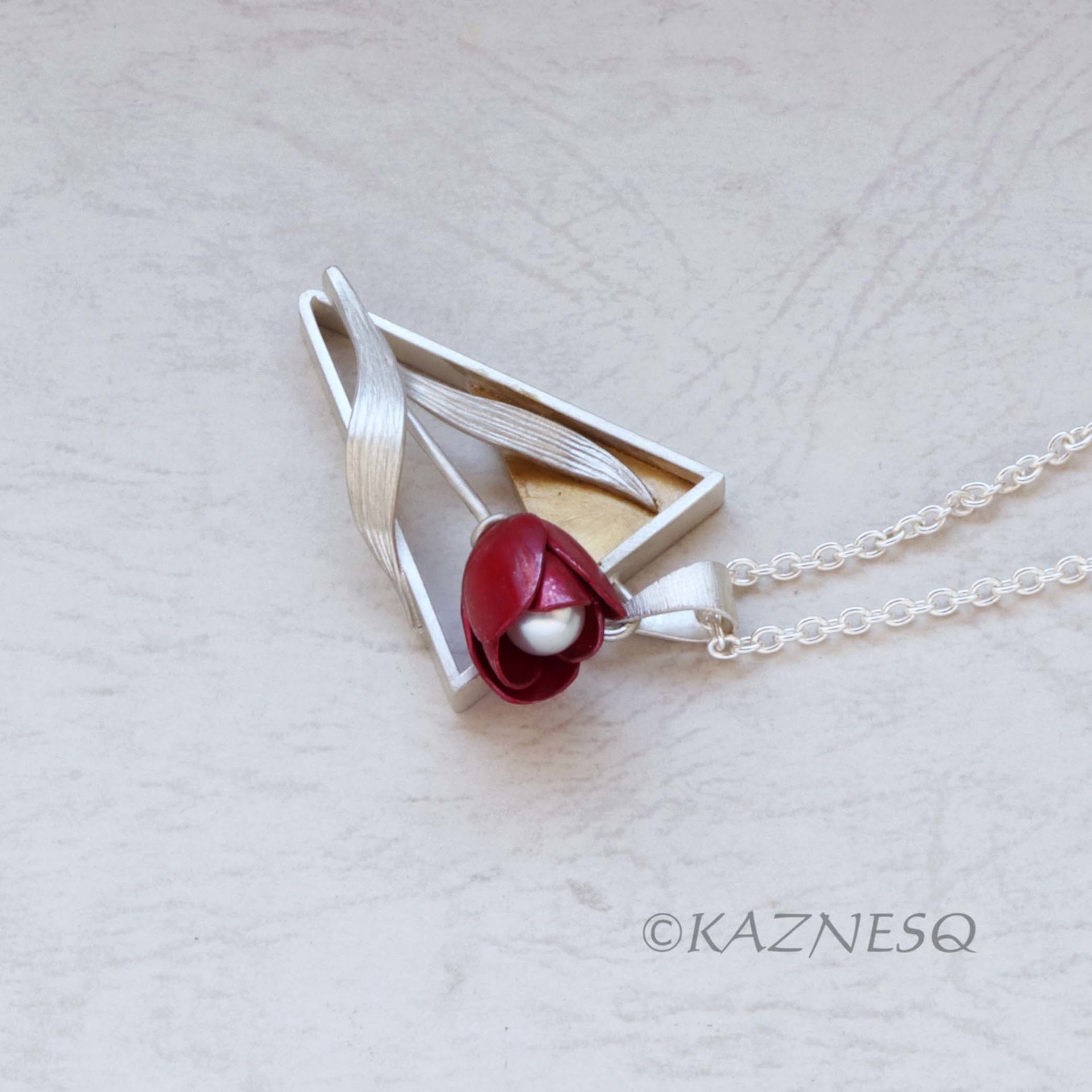 Perfect for Spring and Summer! Contemporary Silver Pendant with Red Tulip and Gold Accent