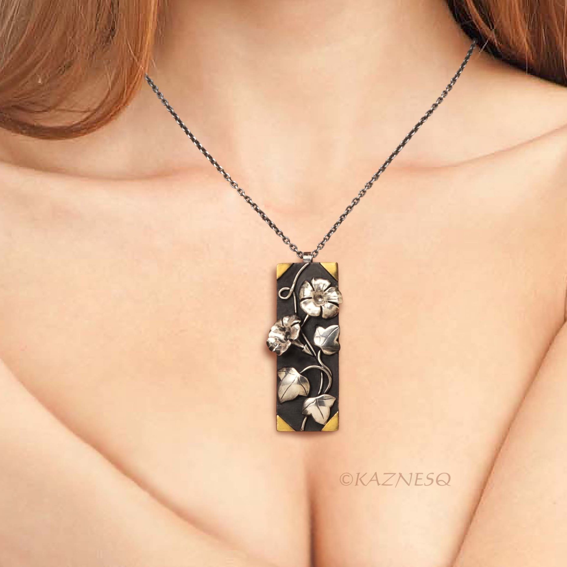 Morning glory Rectangle Art Pendant of Oxidized Silver and Fine Gold Foil