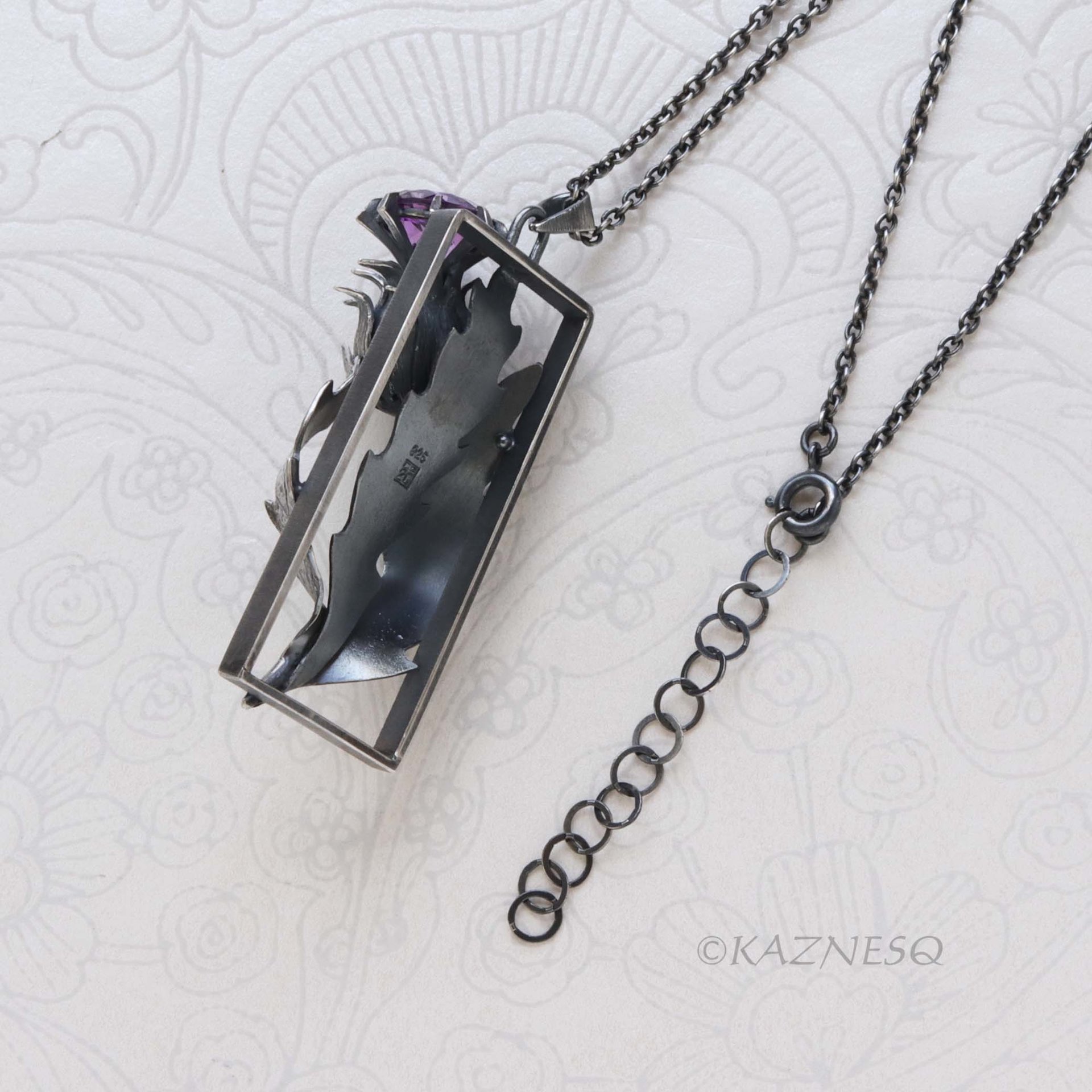 Dimensional Scottish Thistle Pendant - Oxidized Sterling Silver with Amethyst