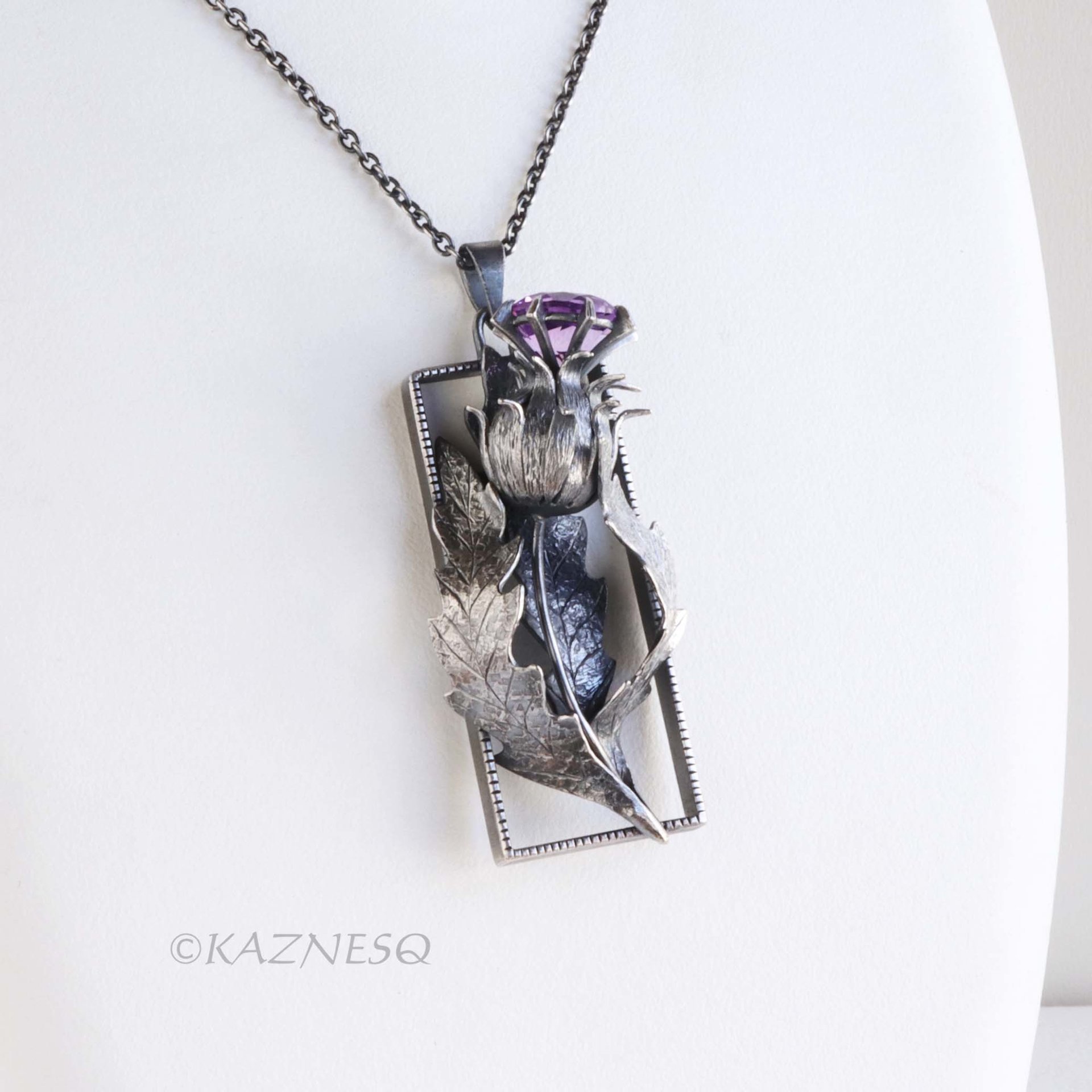 Dimensional Scottish Thistle Pendant - Oxidized Sterling Silver with Amethyst