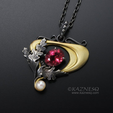 Art Nouveau style pink tourmaline and akoya pearl pendant, 14K gold and oxidized