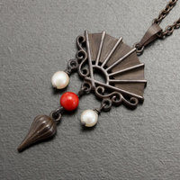 SALE: Fan pendant of Japanese patina with pearls and a coral