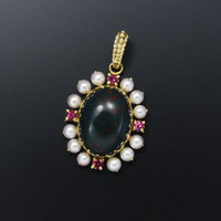 Bloodstone, rubellite tourmaline, and akoya pearl 18K yellow gold pendant