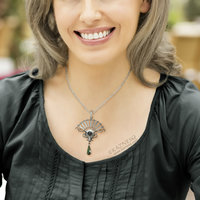 On Sale: Green tourmaline, hematite, fan motif silver pendant