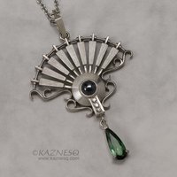 On Sale: Green tourmaline, hematite, fan motif silver pendant