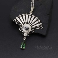On Sale: Green tourmaline, hematite, fan motif silver pendant