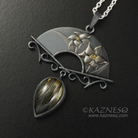 (C) KAZESQ:  Spring flower Keum Boo silver  necklacewith a rutilated quartz
