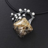 SOLD: White pearl blossom tree on an agate pendant