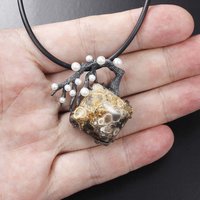 SOLD: White pearl blossom tree on an agate pendant