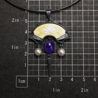 Amethyst and lotus gold Keum Boo silver pendant