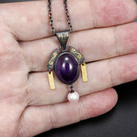 Amethyst cab and gold inlay silver pendant