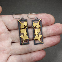 Art Deco oxidized silver Ginkgo earrings with gold Keum Boo