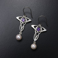 Art Nouveau earrings, silver earrings with amethyst and akoya pearl
