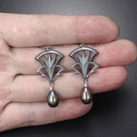 Art Deco earrings, oxidized silver earrings with freshwater pearls