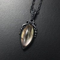 Rutilated quartz pendant, oxidized silver pendant necklace, black mother of pear