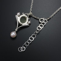 Catseye pendant necklace. silver pendant necklace, green actinolite and akoya pe