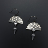 Oxidized silver earrings, Japan earrings, white topaz, Keum Boo Ume blossom fan