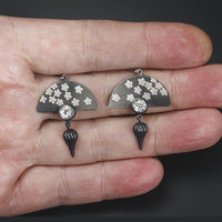 Oxidized silver earrings, Japan earrings, white topaz, Keum Boo Ume blossom fan