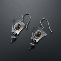 Round citrine cab earrings, oxidized silver earrings